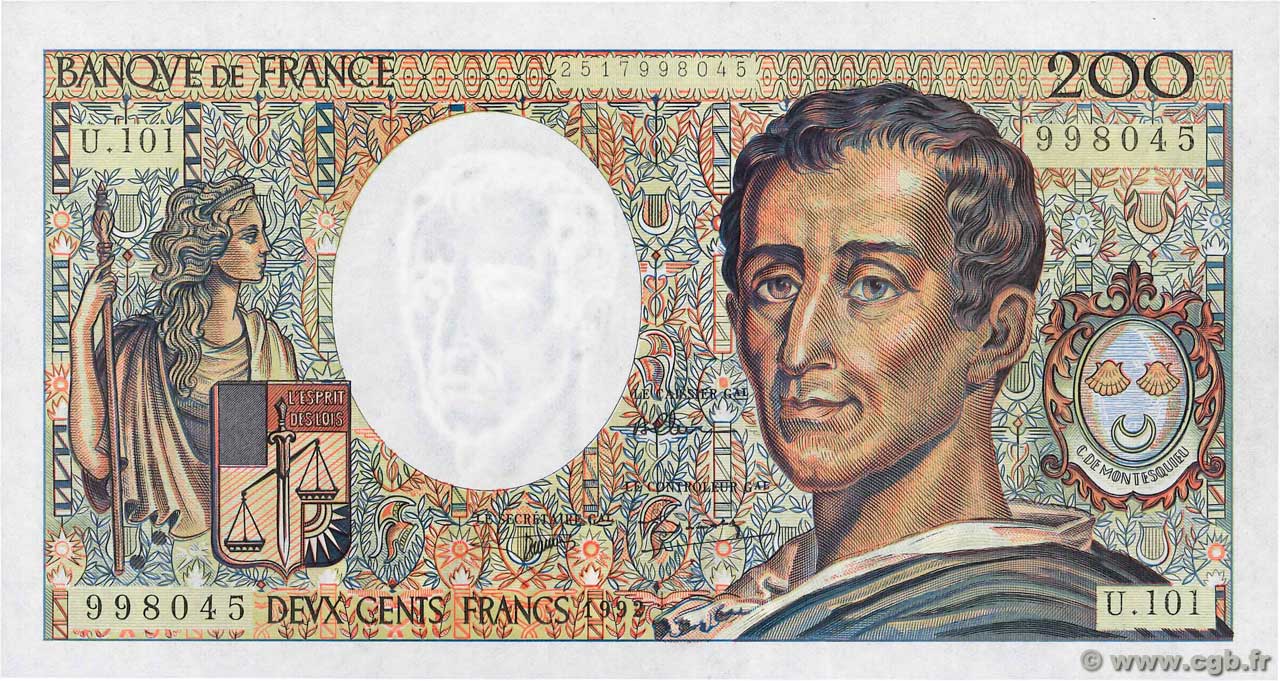 200 Francs MONTESQUIEU alphabet 101 Grand numéro FRANCE  1992 F.70bis.01 UNC