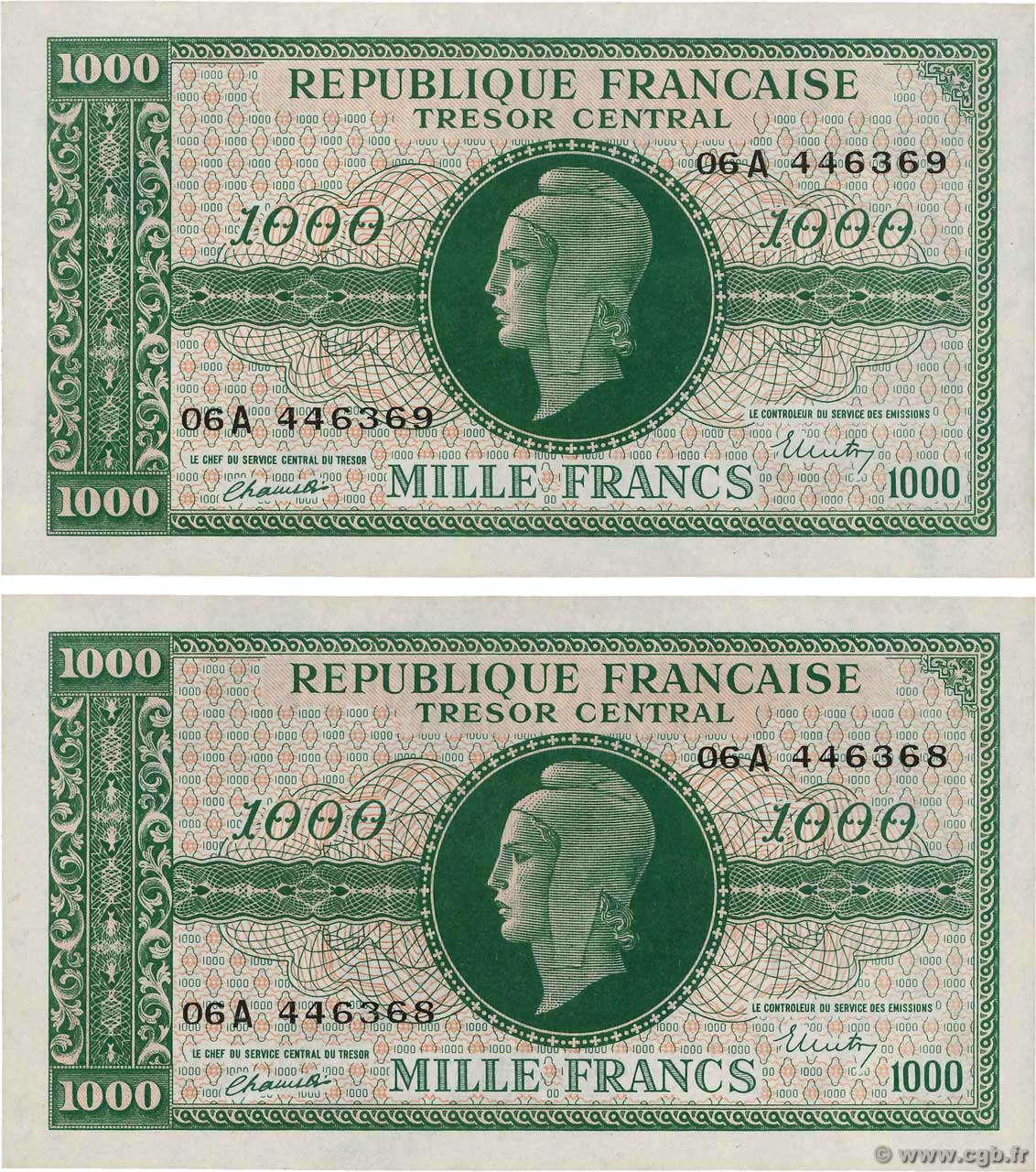 1000 Francs MARIANNE BANQUE D ANGLETERRE Consécutifs FRANCIA  1945 VF.12.01 q.FDC