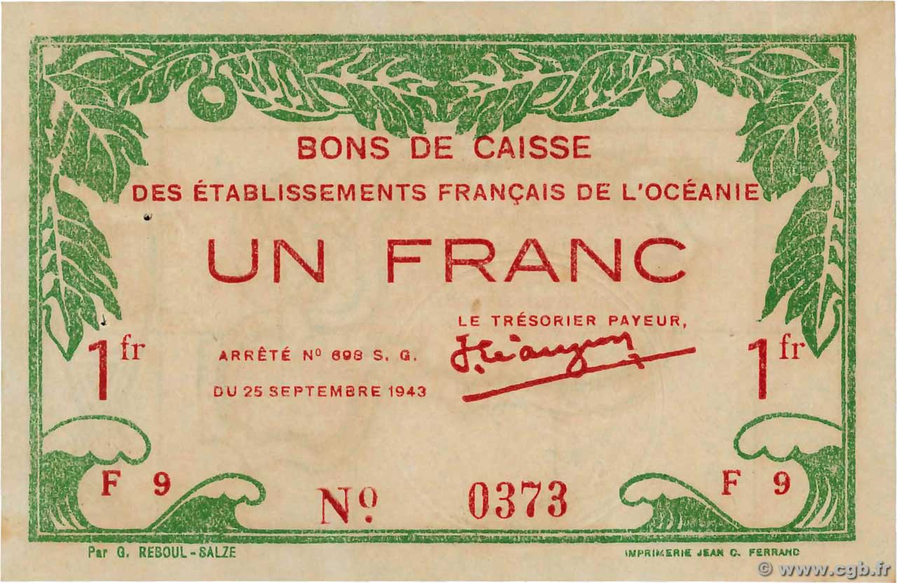 1 Franc OCÉANIE  1943 P.11c SUP+