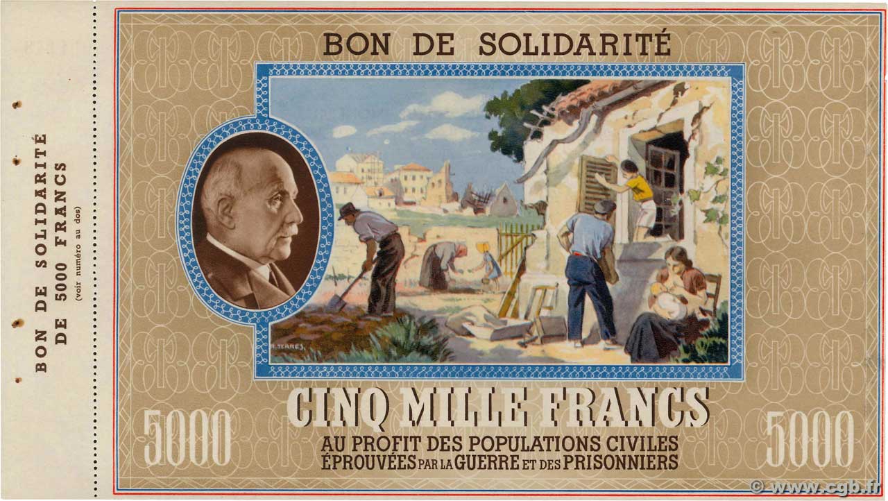 5000 Francs BON DE SOLIDARITÉ FRANCE Regionalismus und verschiedenen  1941 KL.13A fST
