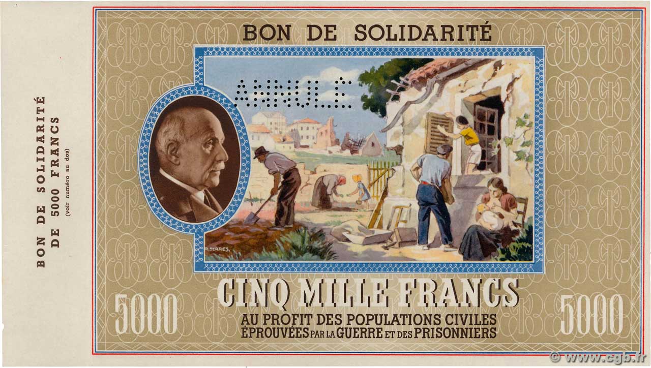5000 Francs BON DE SOLIDARITÉ Annulé FRANCE régionalisme et divers  1941 KL.13Bs SPL