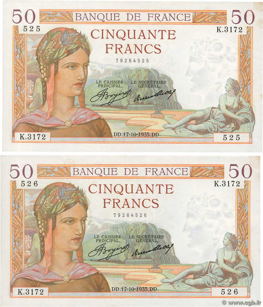 50 Francs CÉRÈS Consécutifs FRANCIA  1935 F.17.18 EBC