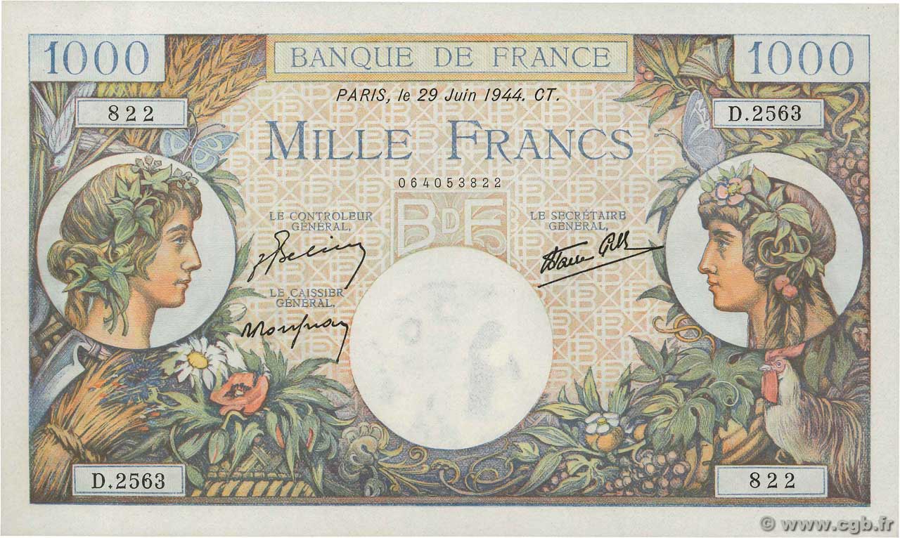 1000 Francs COMMERCE ET INDUSTRIE FRANCIA  1944 F.39.09 AU+