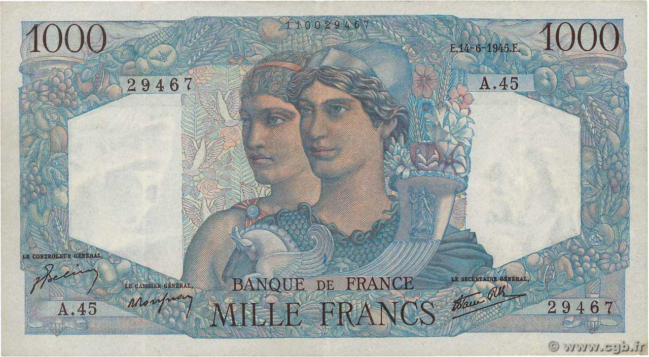 1000 Francs MINERVE ET HERCULE FRANCE  1945 F.41.04 pr.SUP