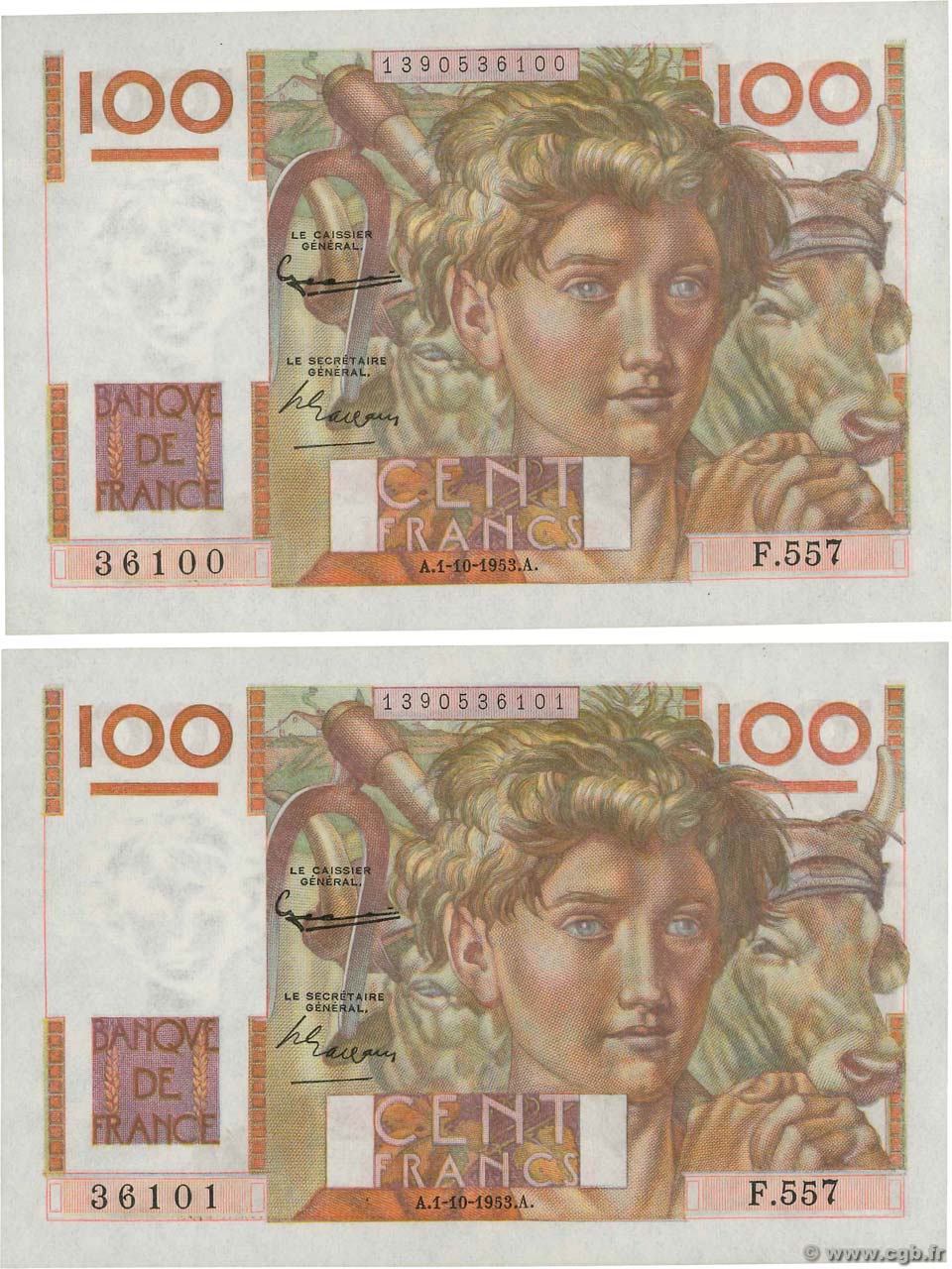100 Francs JEUNE PAYSAN filigrane inversé Consécutifs FRANCIA  1953 F.28bis.03 AU