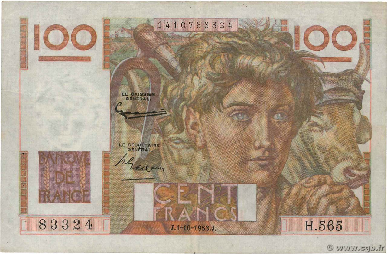 100 Francs JEUNE PAYSAN filigrane inversé FRANCIA  1953 F.28bis.03 BB