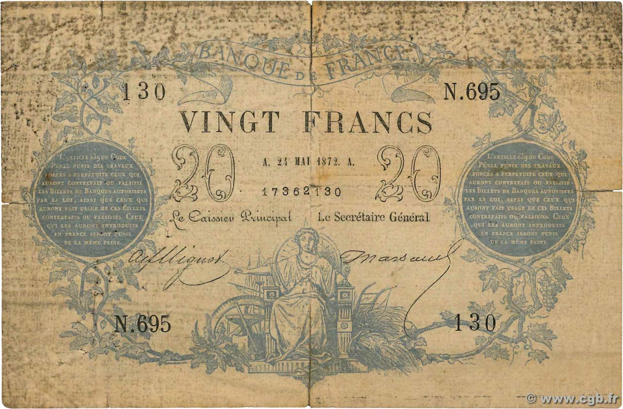 20 Francs type 1871 FRANCE  1872 F.A46.03 B+