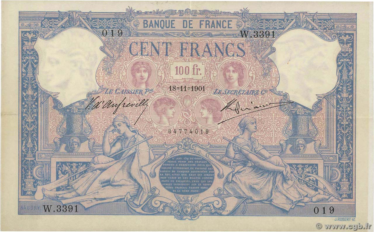 100 Francs BLEU ET ROSE FRANKREICH  1901 F.21.15 fVZ