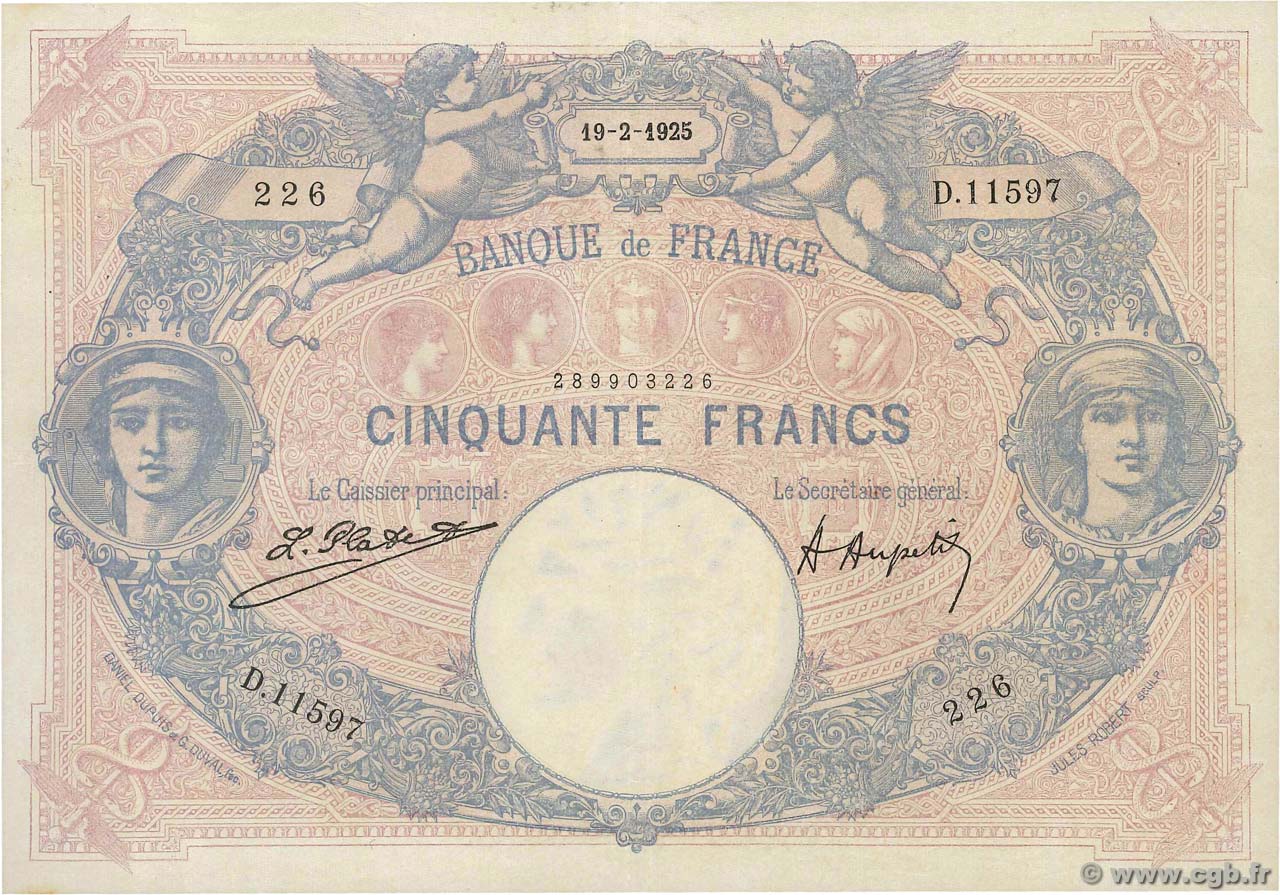 50 Francs BLEU ET ROSE FRANCE  1925 F.14.38 XF