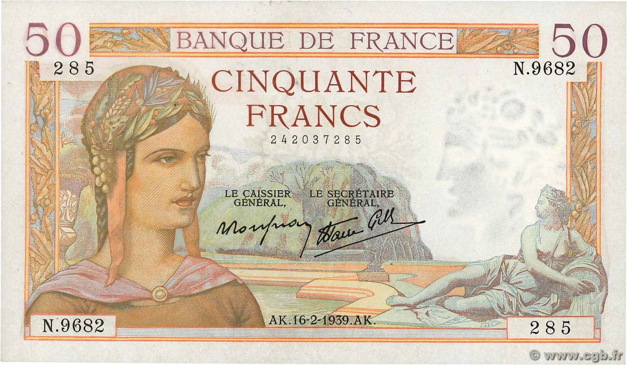50 Francs CÉRÈS modifié FRANCE  1939 F.18.22 SUP+