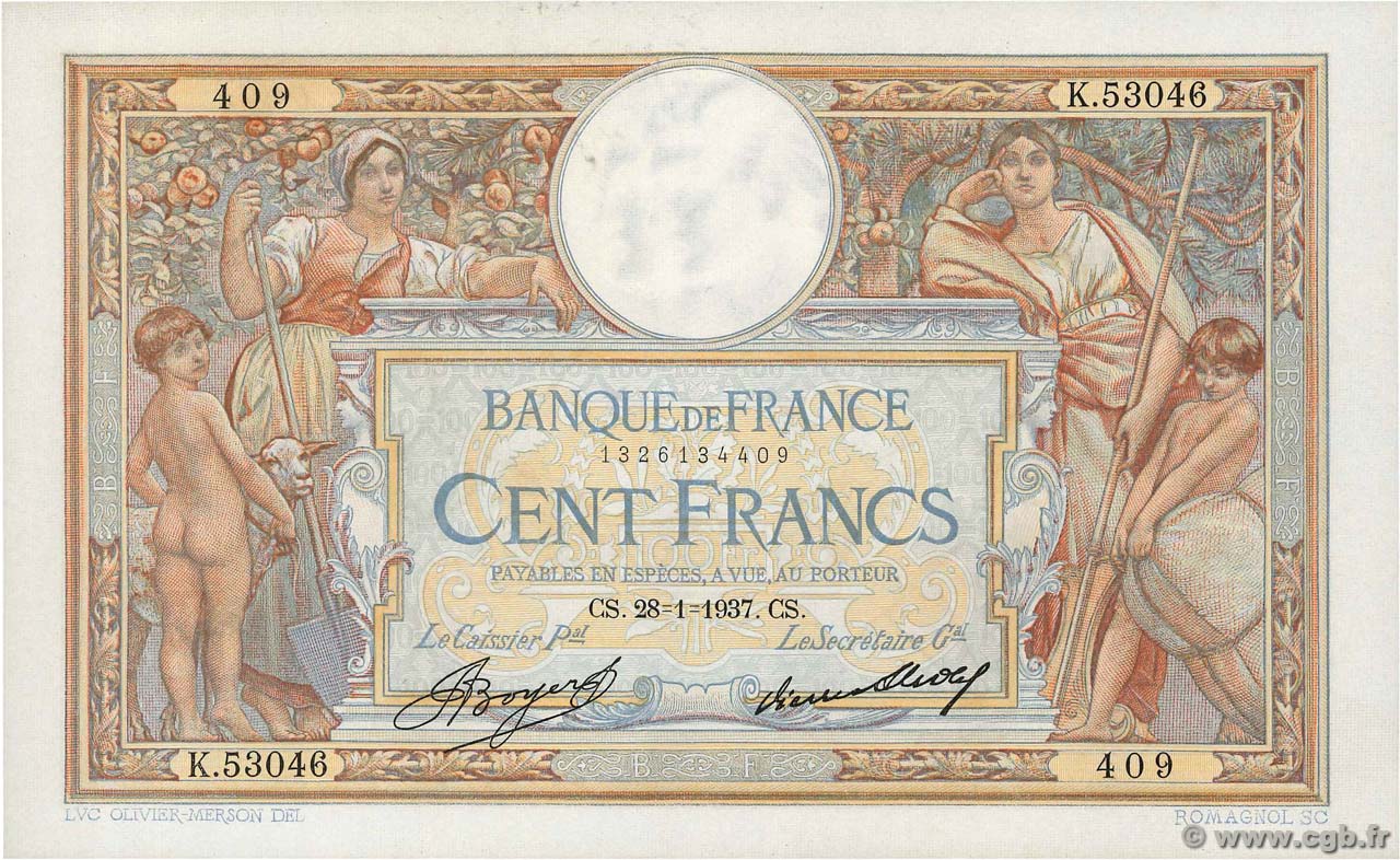 100 Francs LUC OLIVIER MERSON grands cartouches FRANCE  1937 F.24.16 SUP+