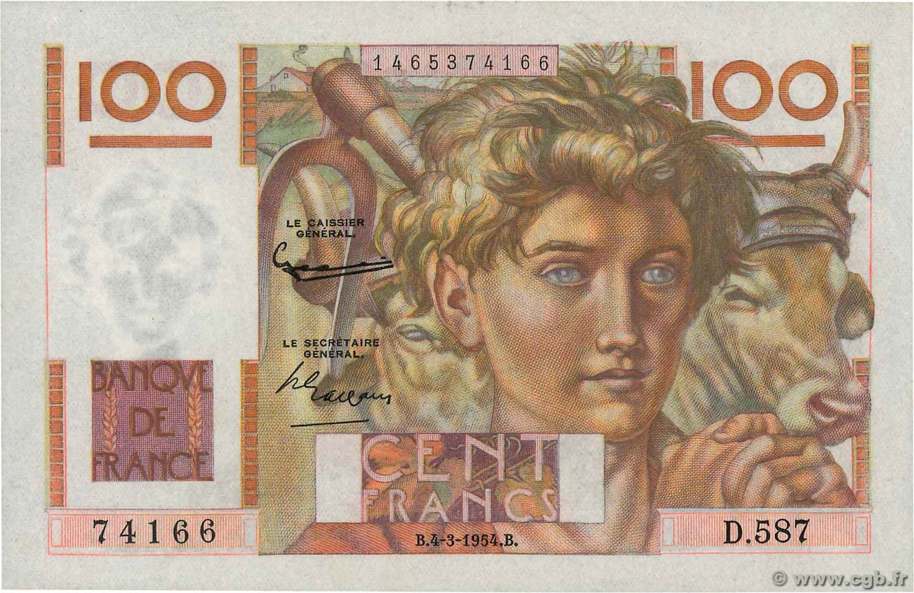100 Francs JEUNE PAYSAN FRANCIA  1954 F.28.42 q.FDC