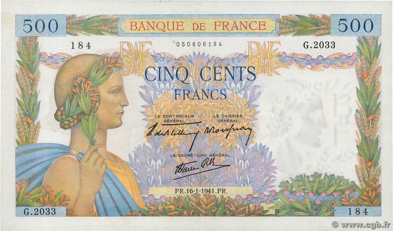 500 Francs LA PAIX FRANCE  1941 F.32.13 UNC