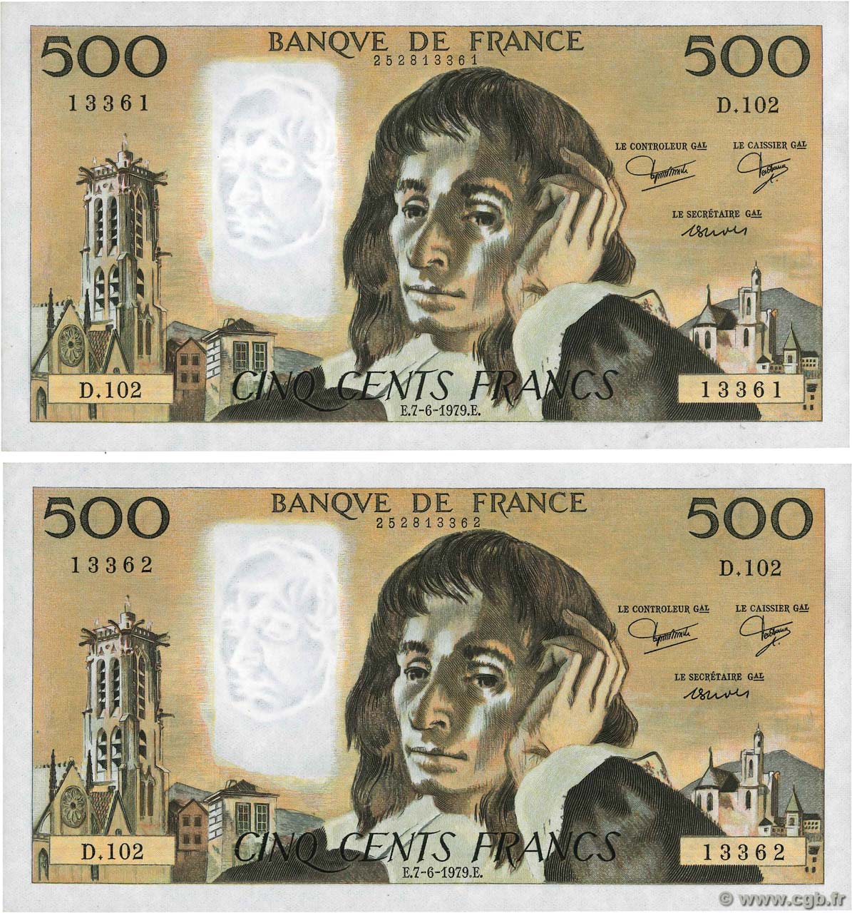 500 Francs PASCAL Consécutifs FRANCE  1979 F.71.20 UNC-