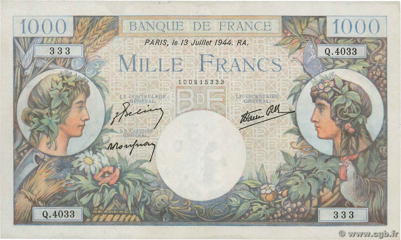 1000 Francs COMMERCE ET INDUSTRIE Numéro spécial FRANKREICH  1944 F.39.11 fST+