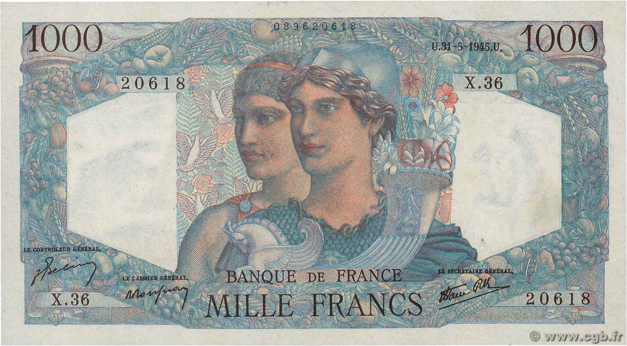 1000 Francs MINERVE ET HERCULE FRANCE  1945 F.41.03 UNC