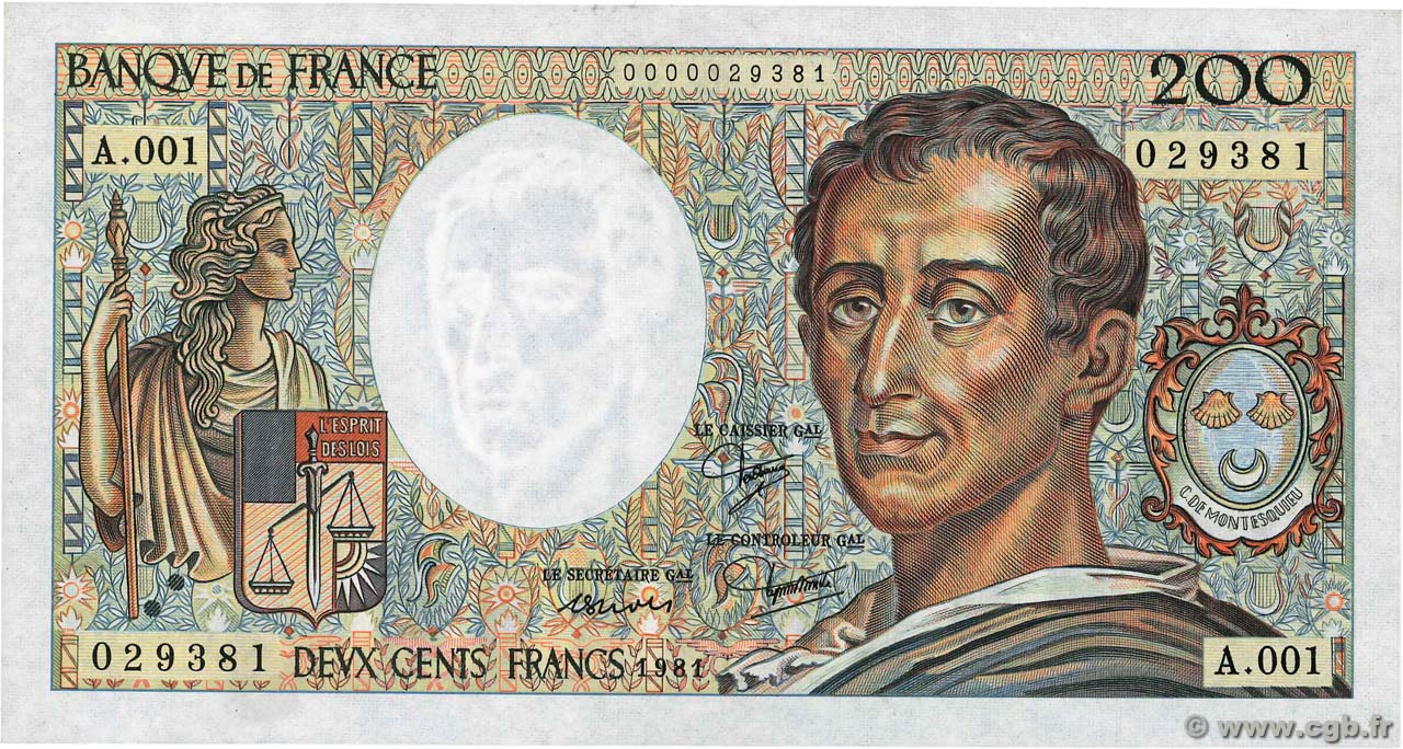 200 Francs MONTESQUIEU Petit numéro FRANCIA  1981 F.70.01A1 SPL+