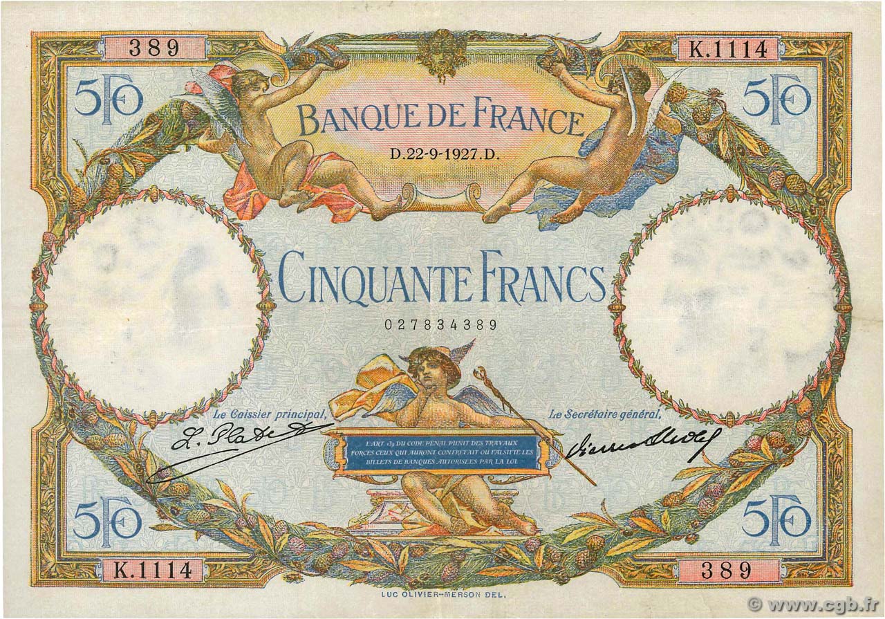 50 Francs LUC OLIVIER MERSON FRANCE  1927 F.15.01 VF