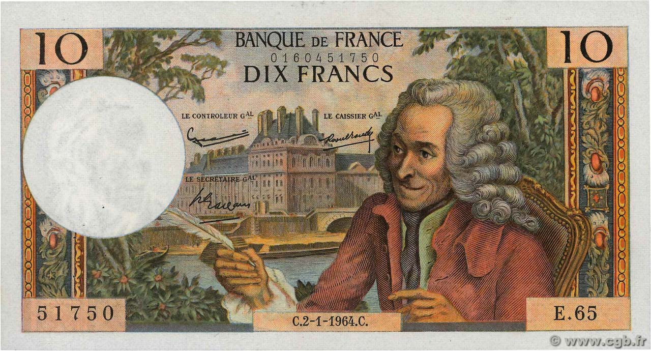 10 Francs VOLTAIRE FRANCE  1964 F.62.07 XF-