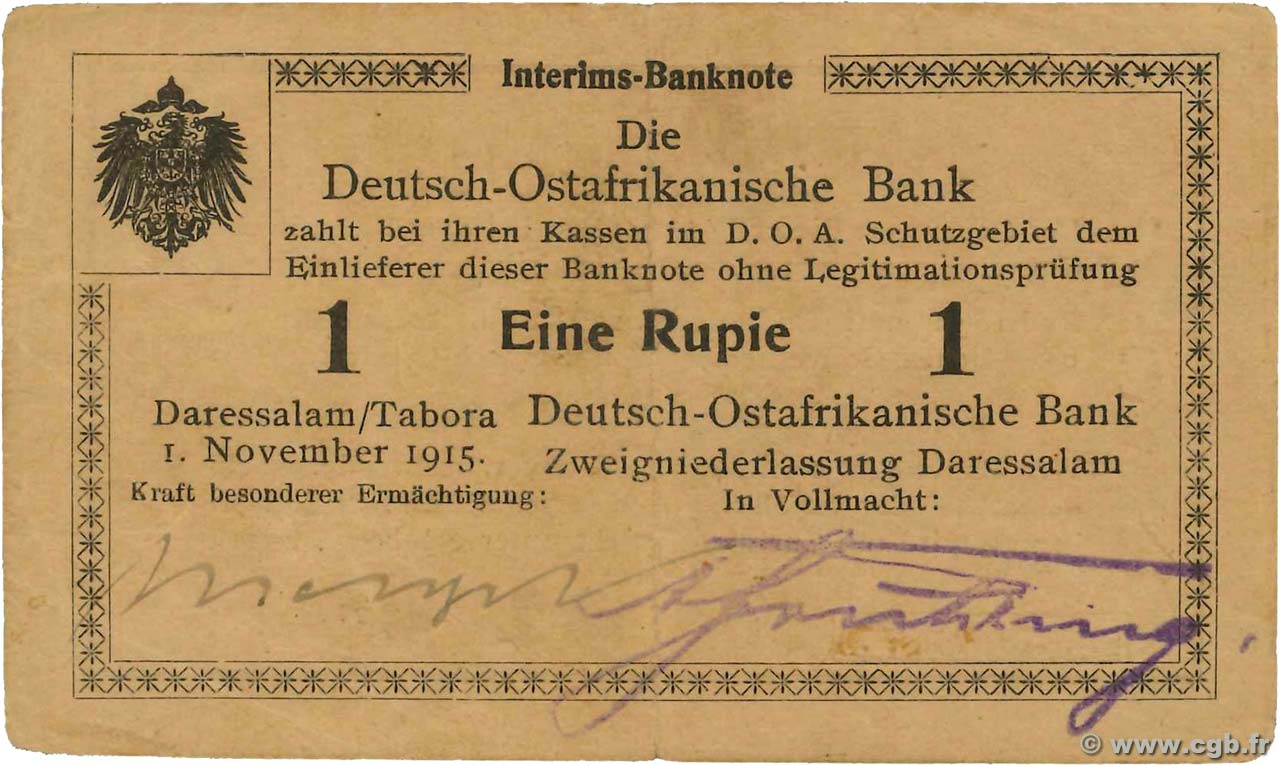 1 Rupie Deutsch Ostafrikanische Bank  1915 P.09Aa SS