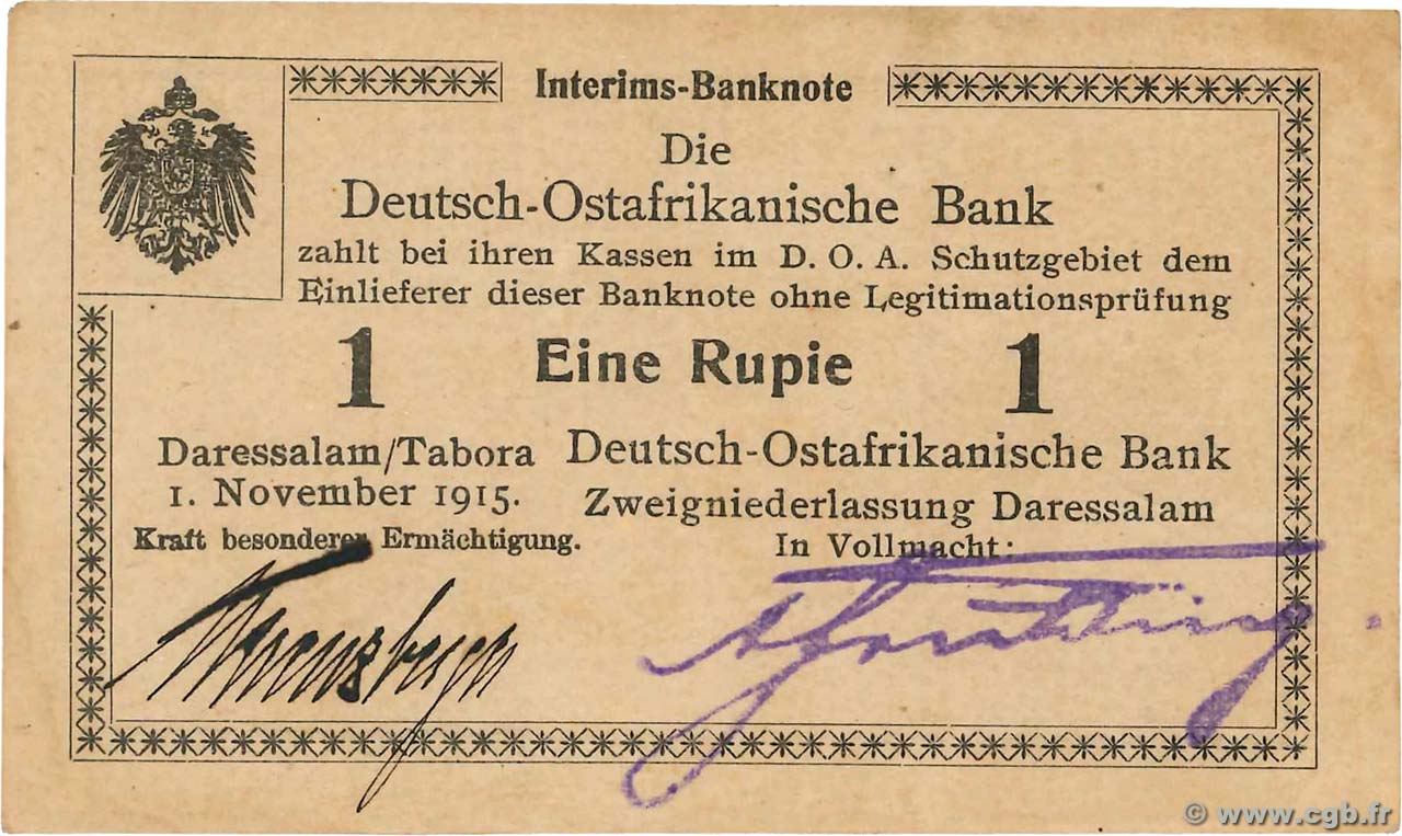 1 Rupie Deutsch Ostafrikanische Bank  1915 P.09Ab VZ
