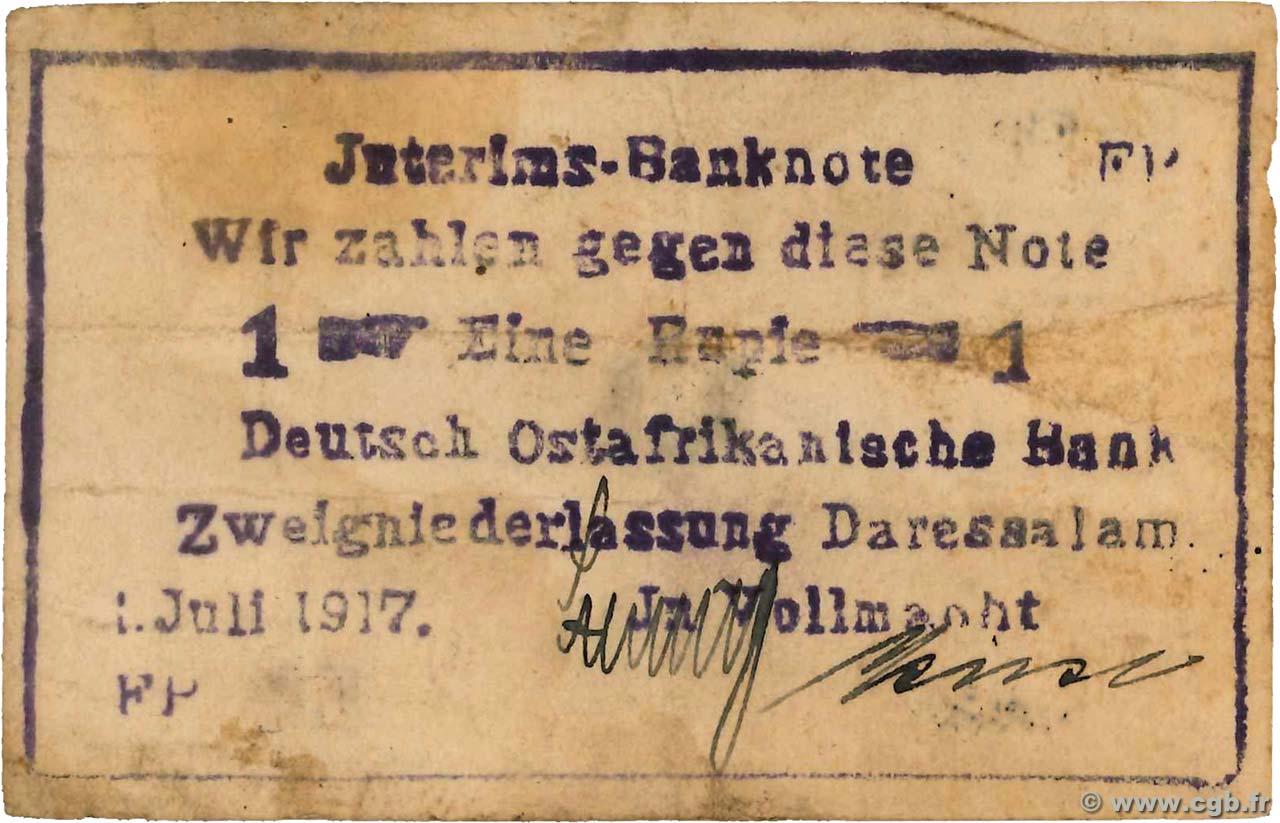 1 Rupie Deutsch Ostafrikanische Bank  1917 P.22d F+