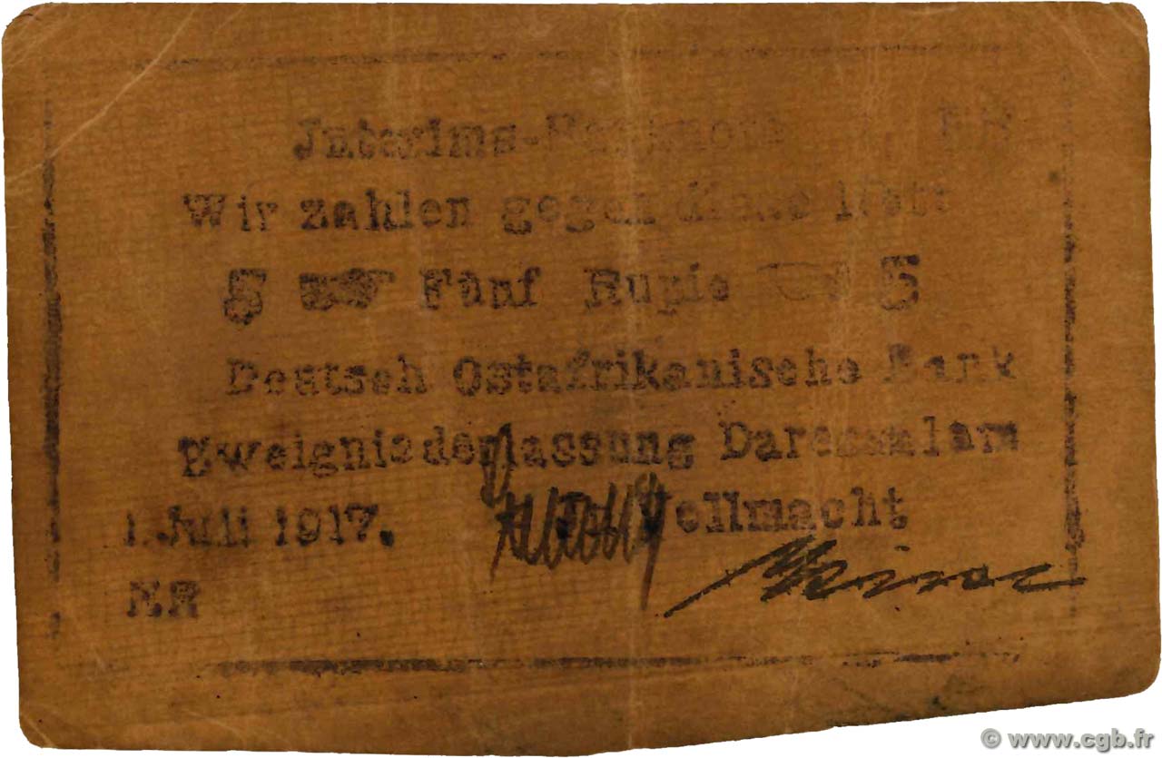 5 Rupien Deutsch Ostafrikanische Bank  1917 P.37b F