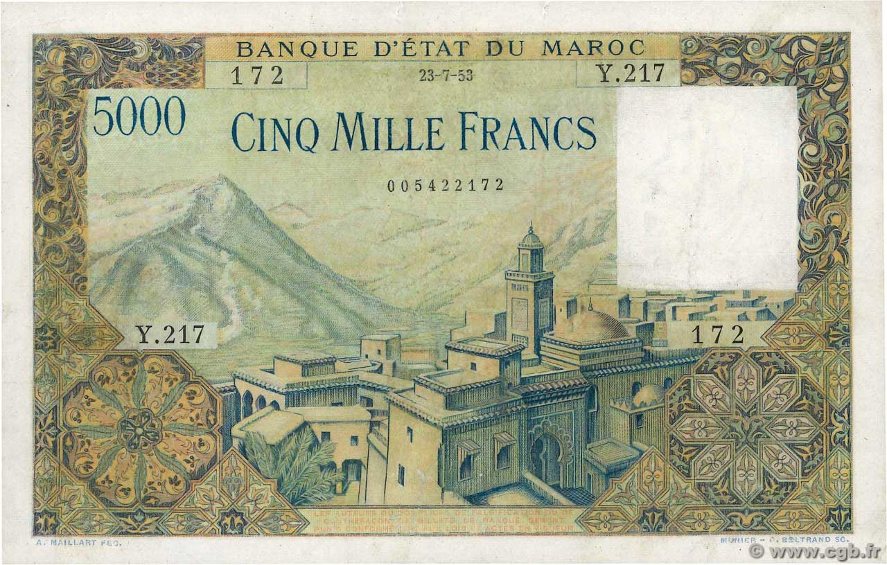 5000 Francs MOROCCO  1953 P.49 VF