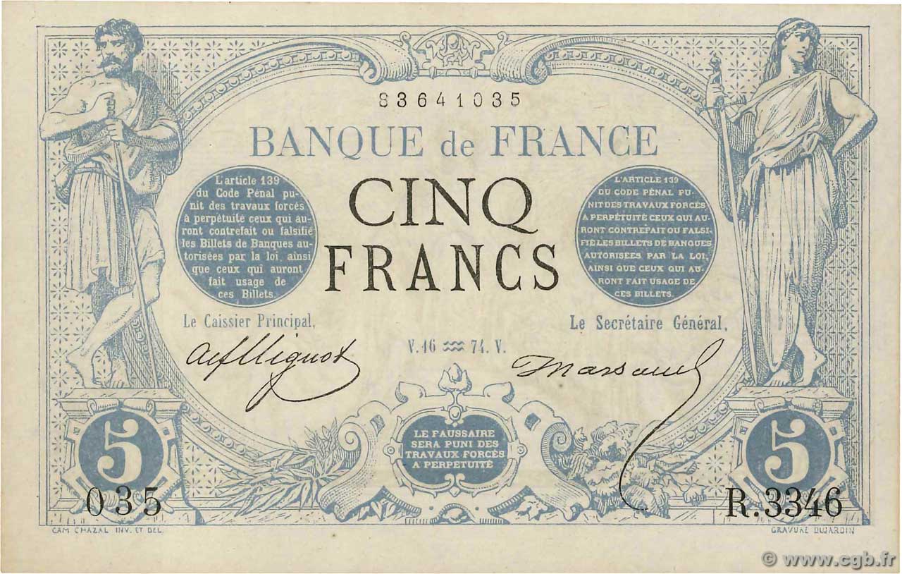 5 Francs NOIR FRANCIA  1874 F.01.25 SC
