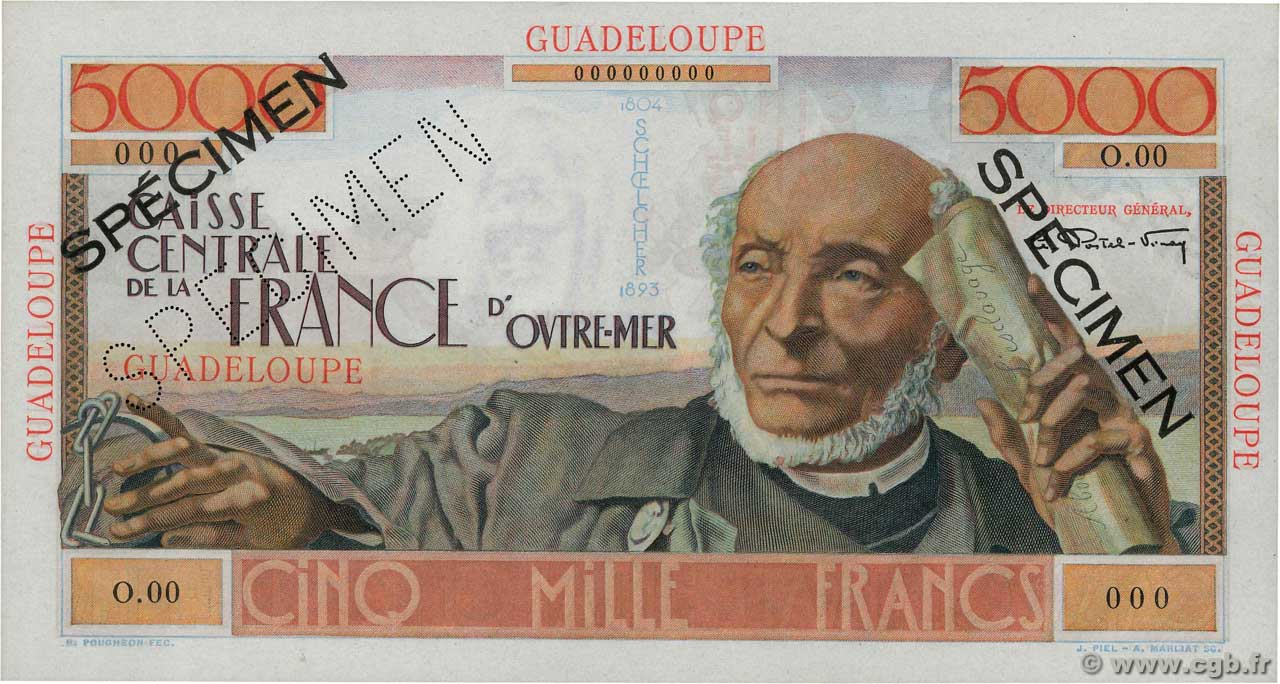 5000 Francs Schoelcher Spécimen GUADELOUPE  1952 P.38s fST+