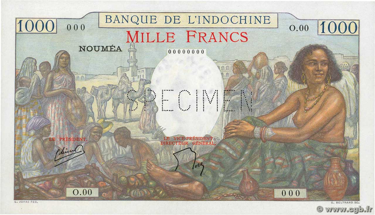 1000 Francs Spécimen NOUVELLE CALÉDONIE  1952 P.43cs ST