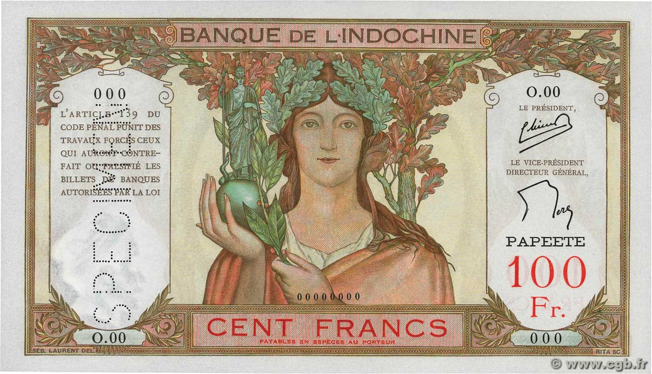 100 Francs Spécimen TAHITI  1956 P.14cs UNC-