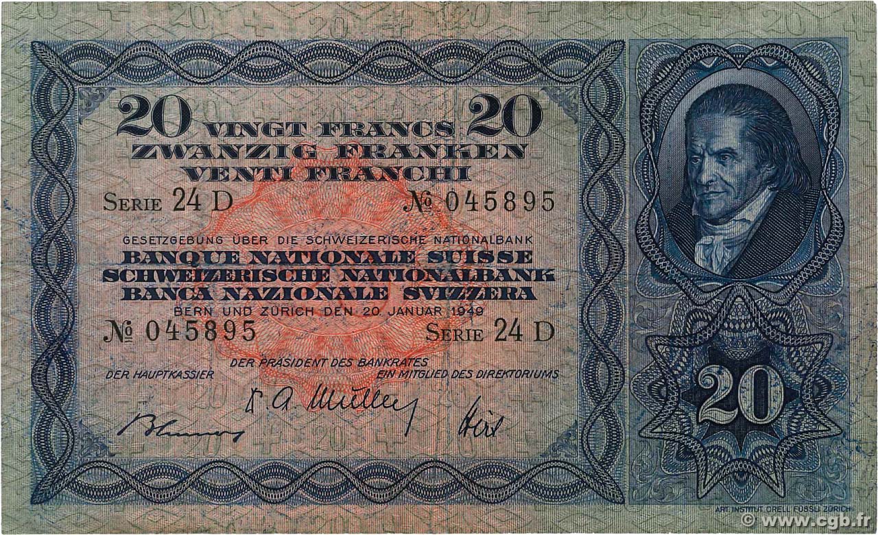 20 Francs SUISSE  1942 P.39l TTB