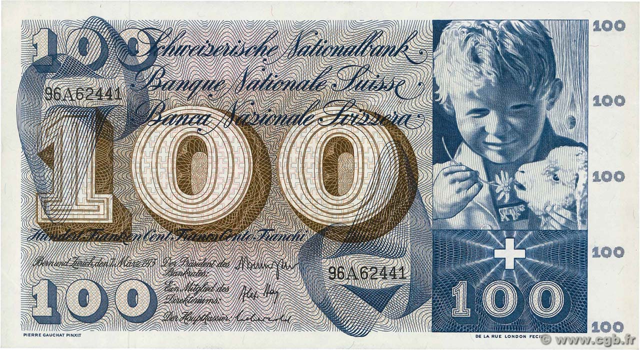 100 Francs SUISSE  1973 P.49o SPL
