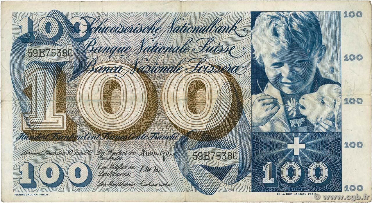 100 Francs SWITZERLAND  1967 P.49j F