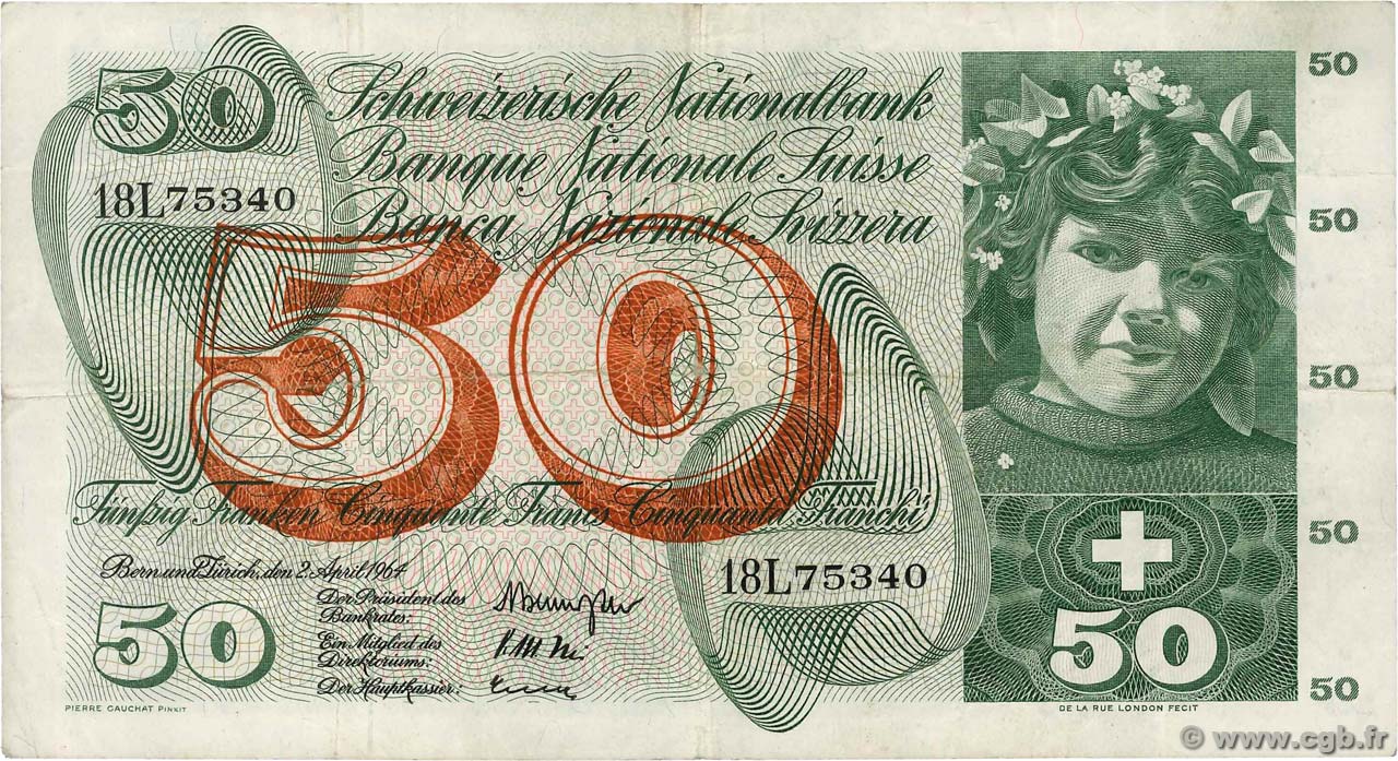 50 Francs SWITZERLAND  1964 P.48c VF