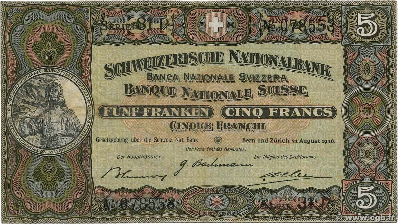 5 Francs SWITZERLAND  1946 P.11l VF