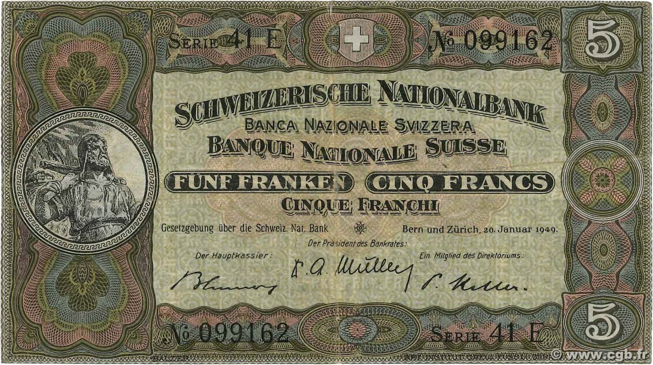 5 Francs SUISSE  1949 P.11n TB