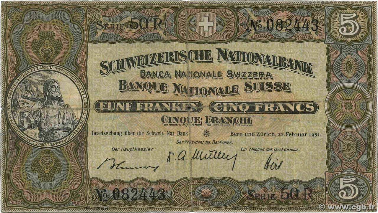 5 Francs SUISSE  1951 P.11o BC