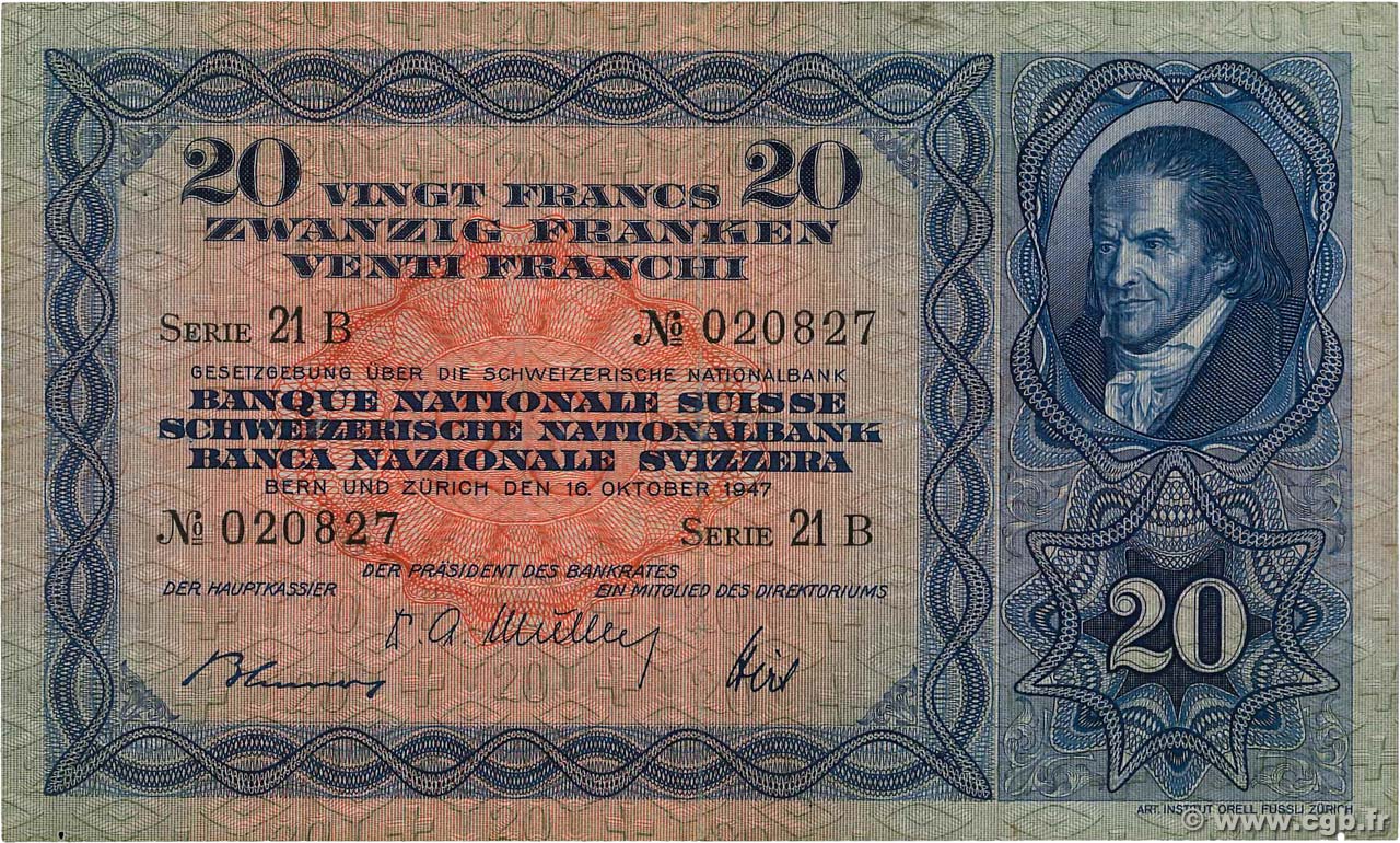 20 Francs SUISSE  1947 P.39p VF
