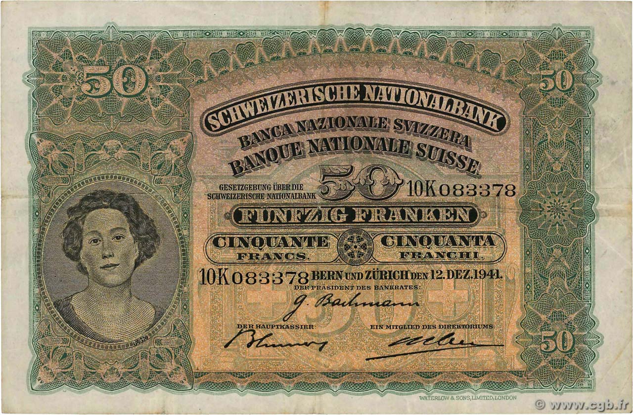 50 Francs SWITZERLAND  1941 P.34l F+