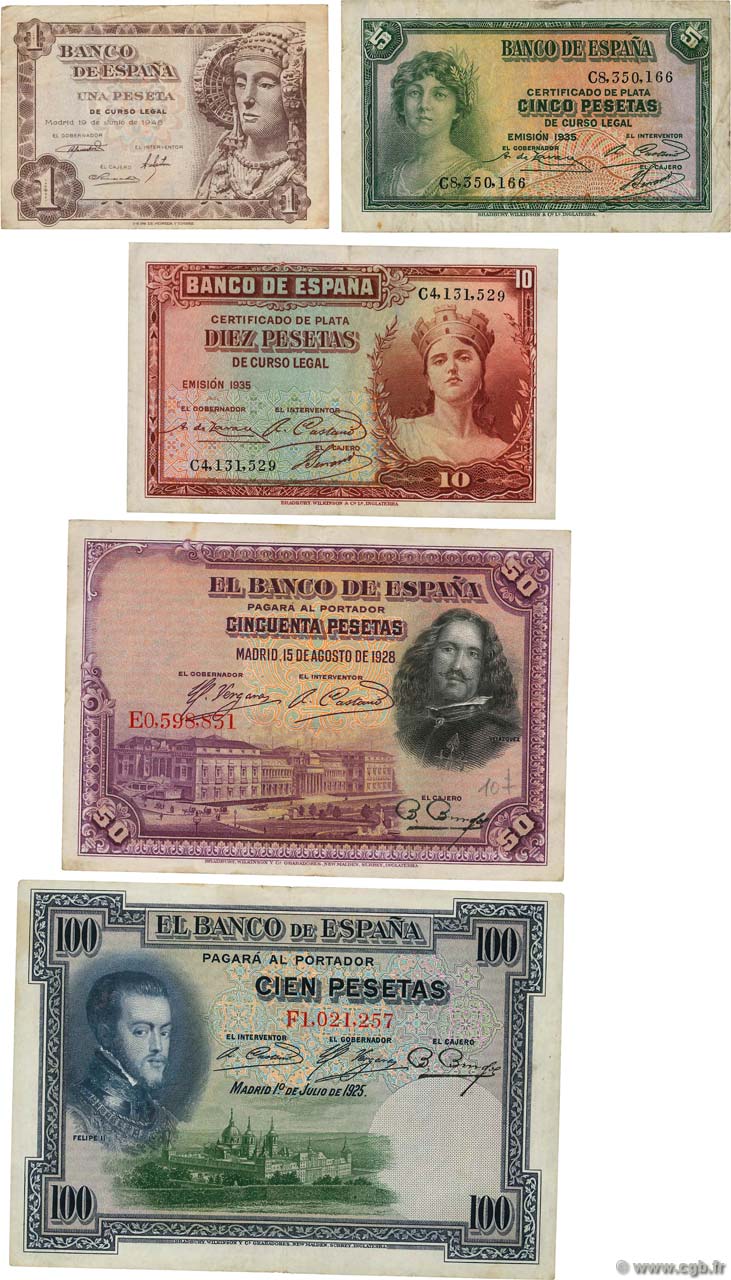 Lot de 5 billets ESPAÑA  1948 P.LOT BC a MBC