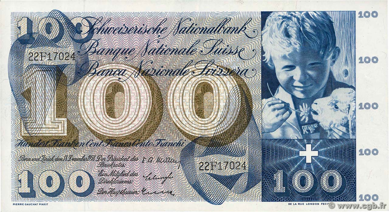 100 Francs SWITZERLAND  1958 P.49c XF