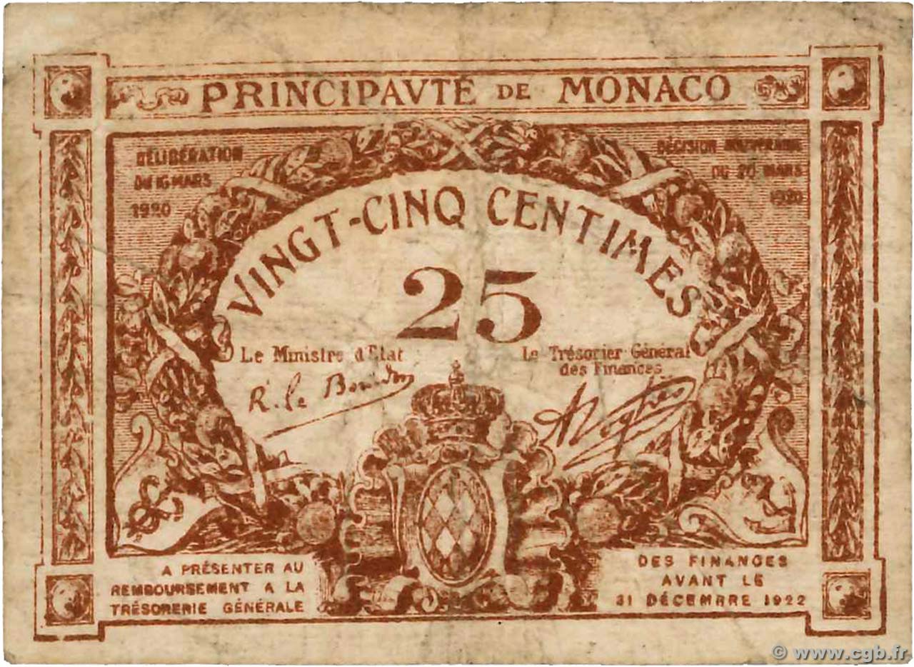 25 Centimes MONACO  1920 P.01a TB