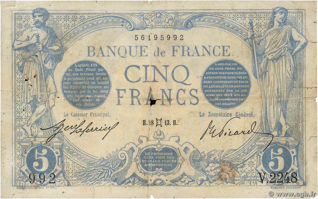 5 Francs BLEU FRANCIA  1913 F.02.17 B