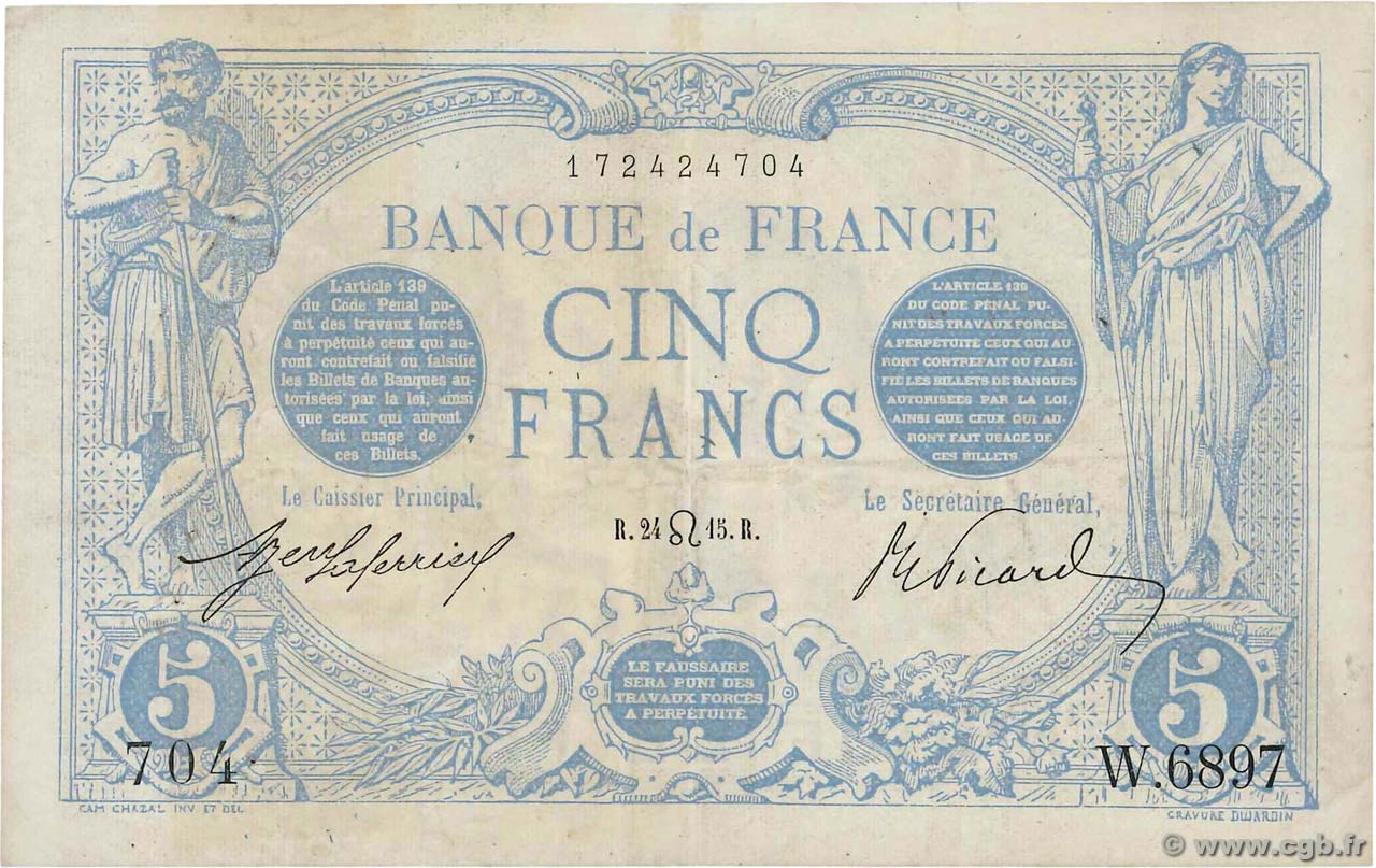5 Francs BLEU FRANCIA  1915 F.02.29 MBC