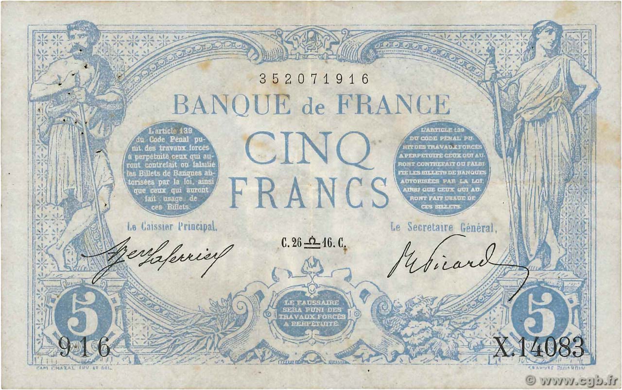 5 Francs BLEU FRANCIA  1916 F.02.43 MB