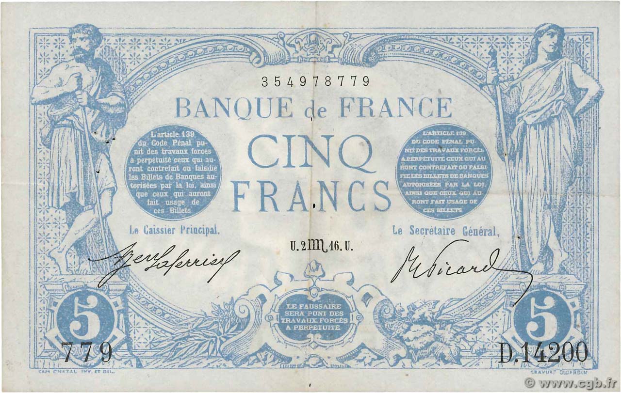 5 Francs BLEU FRANCIA  1916 F.02.44 BB