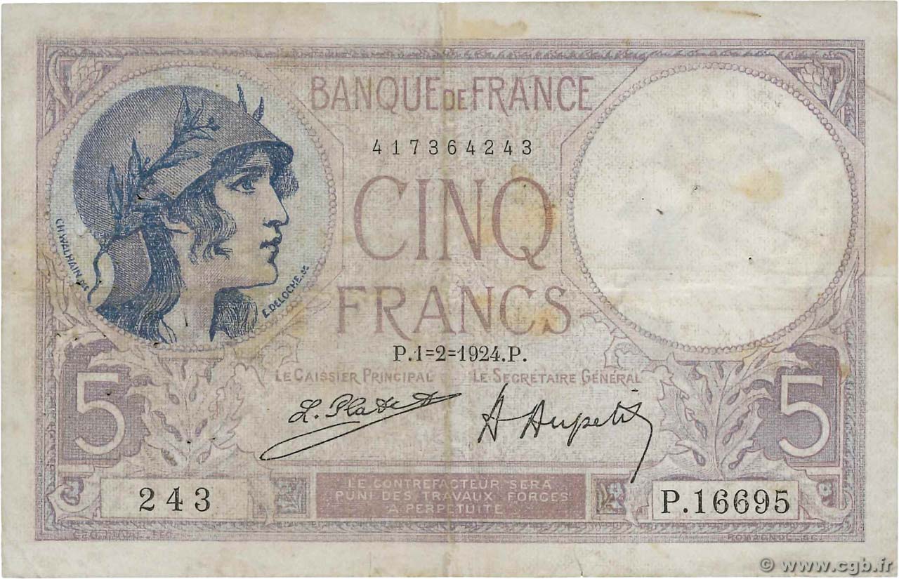5 Francs FEMME CASQUÉE FRANCE  1924 F.03.08 pr.TB