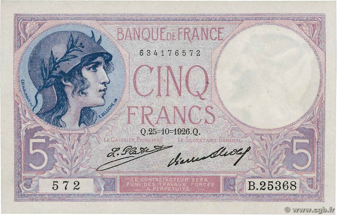 5 Francs FEMME CASQUÉE FRANCE  1926 F.03.10 XF+
